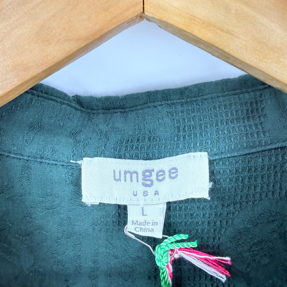 Umgee Shirt Dress Green Large L Textured Cotton Tiered Babydoll Mini Fall Earthy - Picture 3 of 9